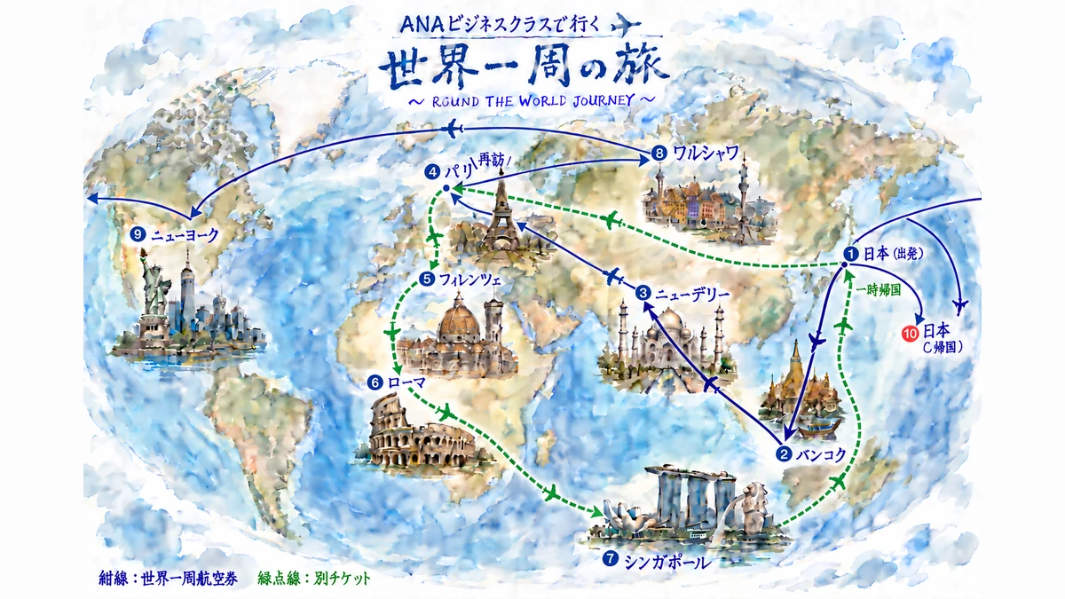 ANAビジネスクラスで行く世界一周の旅のルートマップ 日本発バンコク ニューデリー パリ ワルシャワ ニューヨーク経由