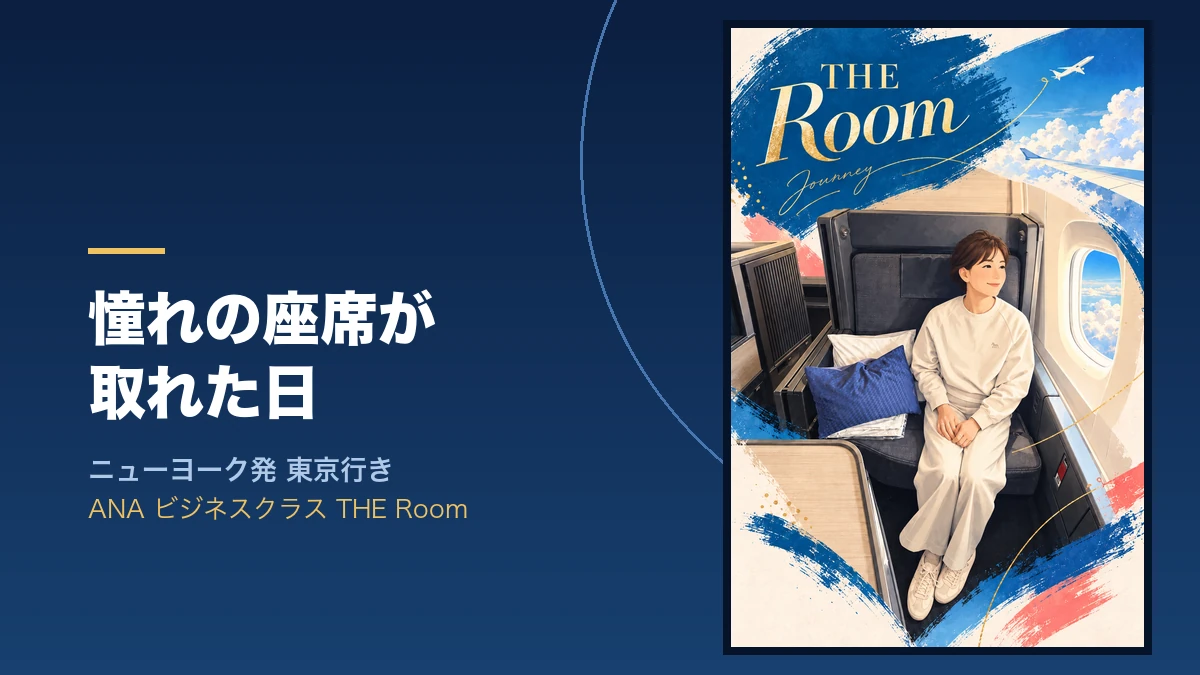 ANAビジネスクラスTHE Roomの座席に座る様子 ニューヨーク発東京行き